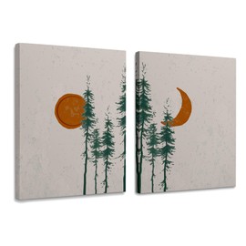 WODMIS Mid Century Watercolor Boho Sun Moon Framed Canvas Wall Art Decor 11×14 inch Set of 2, Moon Night Sunrise Forest Prints Artwork Wall Decoration for Living Room Bathroom Kitchen Office