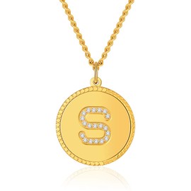 PHENIOTACE Initial Letter Necklace Surgical Steel Plated Gold 26 Alphabet A-Z Pendant Cubic Zirconia, Round, 211653 (S)