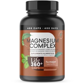 Life360+ Magnesio Complex para 400 Días. Suplemento con 4 tipos de Magnesio reforzados con Aloe Vera (Sabila). 400 capsulas para hombres y mujeres.