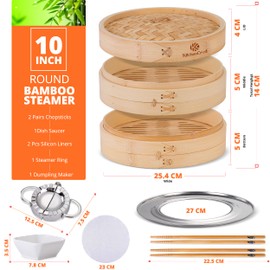 KITCHENCRUST Bamboo Steamer Basket for Chinese Asian Cuisine - 2 Tier 10-Inch Steaming Basket Bun Vegetable Steam, Dumpling Steamer bamboo steam basket, Sauce Dish, Chopsticks, Reusable Liners, Ring