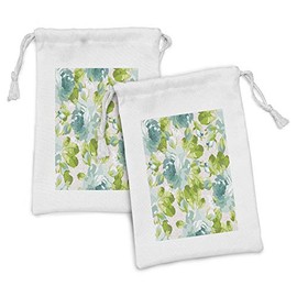 Ambesonne Shabby Flora Fabric Pouch Set of 2, Tropical Botany Garden Theme Blue Roses Leaves and Bouquets, Small Drawstring Bag for Toiletries Masks and Favors, 9" x 6", Turquoise Pale Pink