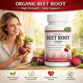 Raíz de remolacha orgánica, 1300 mg, vegana, sin OMG y sin gluten, 60 unidades (1 unidad)