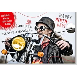 Funny Biker Style Birthday Card with Motorbike Rocker, Helmet and Sunglasses and the slogan "Gute Fahrt ins neue Lebensjahr!" Ideal for motorcycle fans. Includes envelope.
