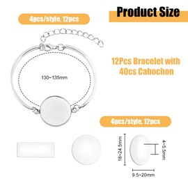 DICOSMETIC 4 Styles Base Bangle Blank Settings 12Pcs Blank Cabochon Bracelet Alloy Curved Bar Link Chain with Flat Rond Oval Rectangle Blanks Bezel Trays Link Bracelet Blanks for Jewelry Making