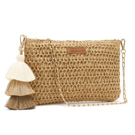 WEIMZC Small Straw Purse for Women Summer Clutch Purses Beach Woven Envelope Bag Raffia Shoulder,Straw Crossbody Bag boho(Square Brown)
