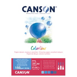 CANSON Colorline C31074P002 Coloured Drawing Paper, Double-Sided: Grained and Smooth, 150 gsm, 92 lb, Glued on the Short Side, A4 21 x 29.7 cm, 5 Different Colours, 25 Sheets