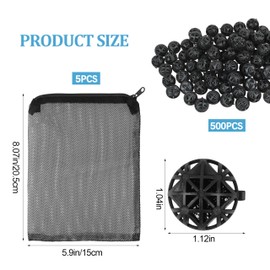 500 Pieces Bio Filter Balls Black Bio Balls 1.02 Inch Internal Bioballs Filter Media with 5 Pieces Black Mesh Bags for Aquarium Outdoor Pond