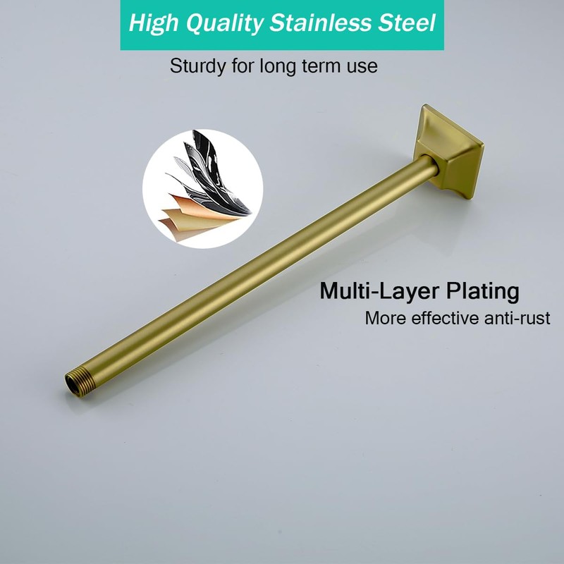 SEABEFORE 16" Ceiling Mounted Shower Arm Brushed Gold Shower Head