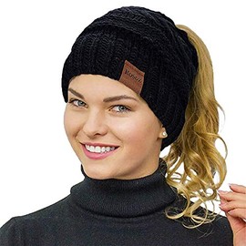 Rosoz Ponytail Beanie for Women,Winter Warm Beanie Tail Soft Stretch Cable Knit Messy High Bun Hat Black