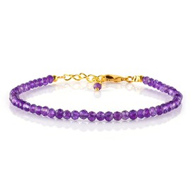 Natural Amethyst Gemstone Micro Beads Dainty Bracelet Jewelry for Women, February Birthstone Energy Healing Crystals, 14k Gold Plated Chain 8 inch