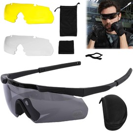 Shooting Glasses with 3 Interchangeable Lenses, Safety Glasses with Transparent Anti-Fog and Scratch-Resistant Lenses, Adjustable, Impact-Resistant Eye Protection, Laser Safety Glasses (Black Temples)