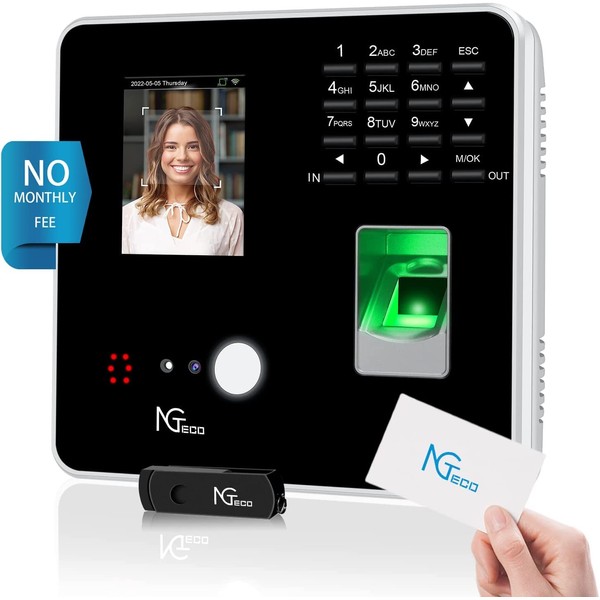 NGTeco Time Clocks for Employees Small Business with Face, Finger Scan, RFID and PIN Punching in One, Office Time Card Machine Automatic Punch with APP for iOS Android (0 Monthly Fee)