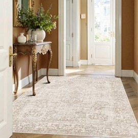 Rugxara 4x6 Washable Area Rug for Living Room, Vintage Neutral Boho Rugs for Office, Dining Room, Kids Room, Farmhouse, Durable Low Pile Non Slip Carpet for High Traffic Areas, Light Bown