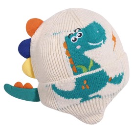 Landofgenie Knitted Beanie for Men & Women, Warm Winter Hat, Stretchy Unisex Thermal Hat with Dino Design, White, Unit size