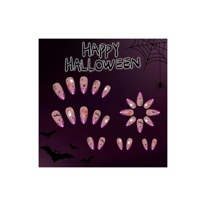Uñas Postizas Halloween Almendra, Press On Acrílicas Llama Araña