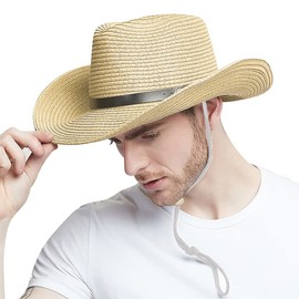 Wide Brim Straw Cowboy Hat for Men Women Western Cowgirl Sun Hat Packable UPF 50+ Beach Cap Shapeable Fedora Panama Cap Beige