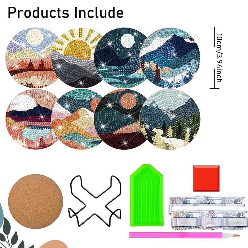 8 Pcs Diamond Painting Coasters with Holder, Landscape Diamond Painting