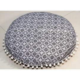 Round Mandala Floor Pillow Cover Seating Cushion Throw Cover Hippie Decorative Bohemian Ottoman Pouf Cover, Pom Pom Pillow Cases,Boho Indian 22 Inches (Black Elephant Flower)