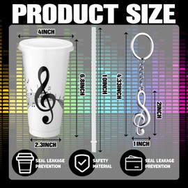 Skylety 12 Sets Music Themed Gifts Musical Note Tumbler Cups Bulk 24 oz Reusable Musical Note Plastic Tumbler with Straw and Lid Keychain Gifts for Music Lover Party Favor(White)