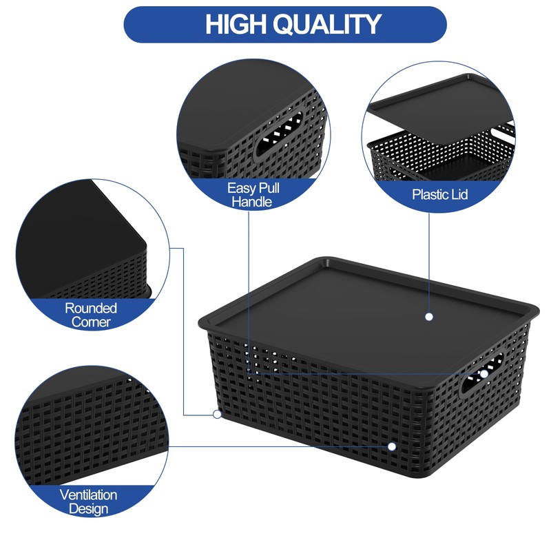 6-Pack Plastic Storage Baskets with Lid, Organizer Bins, Black