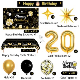 Miidenks 20th Birthday Decorations for Men, 20 Birthday Decorations Include Black and Gold Backdrop Banner, Tablecloth, Gold 20 Number Balloons, Explosion Star Balloons