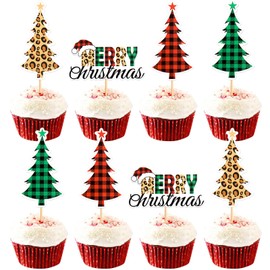 Ercadio - Paquete de 24 adornos para cupcakes de árboles de Navidad con diseño de árbol de Navidad para cupcakes, púas de Navidad para cupcakes, diseño de feliz Navidad, fiesta de cumpleaños, decoración de pasteles