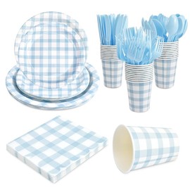 168Pcs Gingham Party Supplies for 24 Guests Thick Paper Plates and Napkins Knives Spoons Forks Cups Disposable Party Set Cutlery for Dinner Baby Shower Wedding Favor