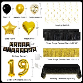 Black and Gold 19th Birthday Decorations for Men Him, Happy 19th Birthday Party Decorations for Him Her, Gold Tinsel Fringe Garland, Banner, Number Balloons, Table Cloth, Swirls and Foil Balloons