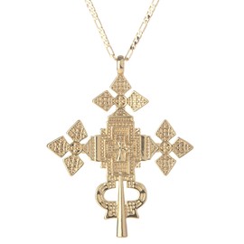 kelistom 18K Gold Plated Ethiopian Traditional Ethnic Cross Necklace for Women Men Large Boho Vintage Cross Pendant Necklace | 3mm Figaro Chain Necklace