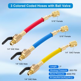 R134A R410A R22 R12 AC Charging Hoses, 7" Length Charging Hose Ball Valves, 3 Colored Coded Hose, HVAC Ball Valve Hoses Red and Blue 1/4 Male x 5/16 Female,Yellow 1/4 Male and Female