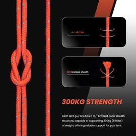 Abma Cord Guy Ropes Tent Cord with Pack of 10 Rope Tensioners 4 mm 50 m Tent Rope for Camping, Tents, Awnings, Reflective Neon Orange
