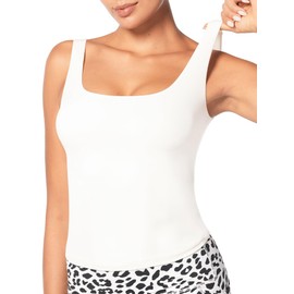 Sunzel Women's Square Neck Tank Top Longline Workout Yoga Sleeveless Double Lined Basic Tight T Shirts Going Out Casual Tops White Large