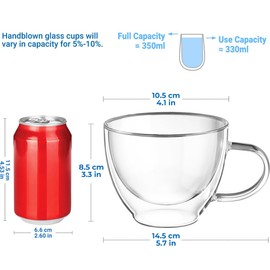 ecooe 2x350ml Double Walled Coffee Glasses Mugs Cappuccino Latte Macchiato Glasses Cups with Handle Borosilicate Heat Resistant Glass Cups for Coffee Tea Milk Juice Ice Cream