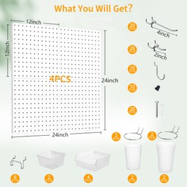 FZK Peg Board, 74PCS Metal Pegboard Wall Organizer Kit. Heavy Duty Pegboard, Peg Boards, Pegboard for Walls, White Pegboard for Garage Craft Room Workbench Office Kitchen Tool Organization, 24 * 24