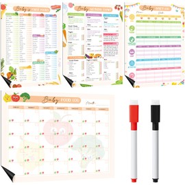 Pasimy 4 Pcs Baby's First Food Tracker Magnet Weaning Chart 11"x14" Baby Food Log Checklist Daily Meal Planner Journal with 2 Dry-Erase Markers 6 to 12 Months Newborn Fridge Recipes List Essentials