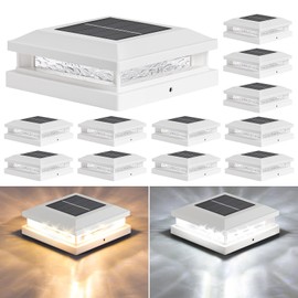 Solar Post Lights Outdoor 12-Pack, 2 Lighting Modes 16 LEDs Solar Post Cap Lights for 4x4 4.5x4.5 5x5 Vinyl Wooden Posts Waterproof, Fence Light Solar Powered for Deck Fence Yard Porch, White