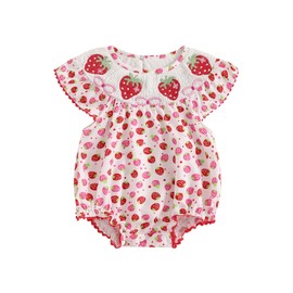 Licupiee Newborn Baby Girls Watermelon Romper Fly Sleeve Ruffle Rompers Sleeveless Babydoll Collar Bodysuits Summer Clothes (Red Strawberry, 12-18 Months)