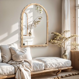 LuxenHome Arch Wall Mirror for Bathroom, 34-Inch Tall Wall Accent Mirror with Rubberwood Scalloped Frame,Wood Wall Decor Mirror for Entryway Living Room, Arch Window Wall Mirror,Wall Mounted Mirror