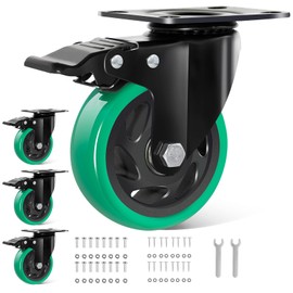 BZOLIHEU Caster Wheels 4 Inch, Swivel Plate Casters Set of 4 Heavy Duty 2000lbs,Furniture Wheels with Brake, Polyurethane Castor Wheels for Workbench, Cart(,Green,Screws Included)