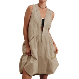 Fisoew Women's Sleeveless Tank Mini Dress Casual Half Zip V Neck Loose Mesh Back Utility Summer Dresses with Pockets Khaki