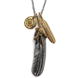 SilverKYASYA Stainless-Steel Extra-Large Feather Necklace, with Gold-plated Heart Feather, Gold-knotted Turquoise, Gold Claws, Available in 3 Different Types!