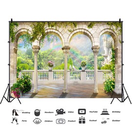 Haoyiyi 10x6.5ft Wedding Backdrop Arch Castle White Pillar Marble Floor Brick Green Leaves Forest Flowers Rainbow Photography Background Lover Bridal Baby Shower Wedding Ceremony Photo Booth Props