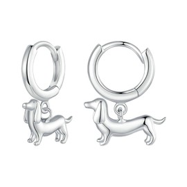 Dachshund Dog Dangle Drop Earrings - 925 Sterling Silver Huggie Hoop for Women Girls, Cute Animal Charm Dangling Ear Buckles, Hypoallergenic Pet Lover Jewellery
