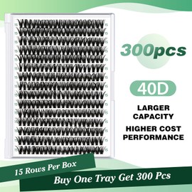 Lash Clusters 300pcs Individual Lashes 40D 0.07D Curl 15mm DIY Eyelash Extension KEYYOU Large Tray Volume Soft&Natural Cluster Lashes(40D-0.07D,15）