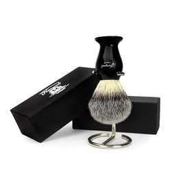 Syntactic (Badger Looking) Hair Shaving Brush with Black Handle/Base and Shaving Brush Stand/Holder. Perfect for Good Shave Gifts for Brothers