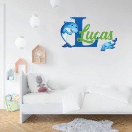 Kraftmatics Design Dolphins Custom Name and Initial Nursery Baby Boy Wall Decal Vinyl Sticker - 28" x 17"