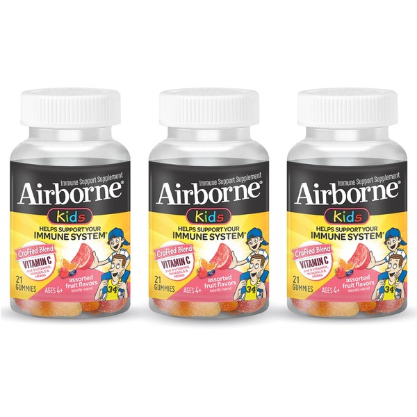 Airborne Kids Assorted Fruit Flavored Gummies, 21 Count - 667mg of Vitamin C and Minerals & Herbs Immune Support (Pack of 3)