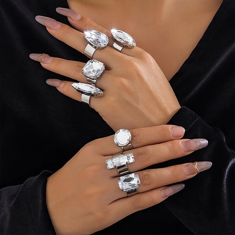 DZSYJKTM Sparkly Silver Chunky Crystal Rings Set for Women, Statement