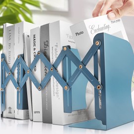 Non Skid Book Ends to Hold Books, Carooyac Heavy Duty Bookends Adjustable Book End, Metal Bookends for Shelves, Blue Book Holders Organizer for Bookshelf Desk - Extends up to 19"