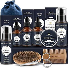 Kit de cuidado de barba para hombres, NOVTWENTY 10 piezas con lavado de barba, aceite de barba, acondicionador, cepillo, peine, tijeras y bolsa de almacenamiento, caja de regalo para hombres